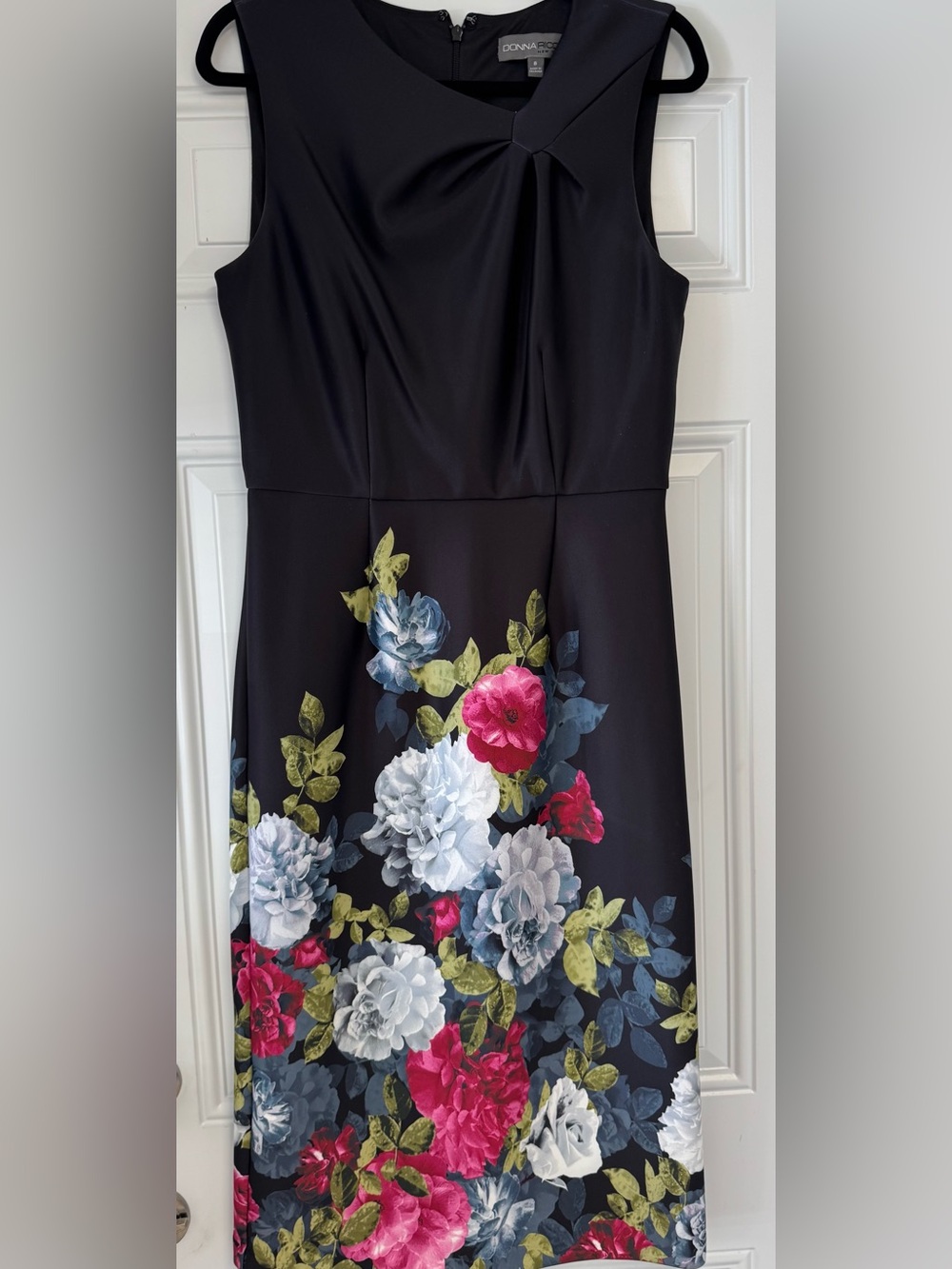 Donna Ricco Black Floral Midi Dress Sleeveless Slimming Pencil Skirt Size 8